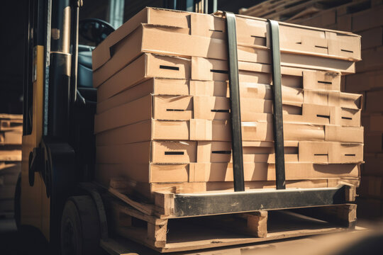 Picture of a Close-Up of a Forklift's Forks Carrying a Stack of Boxes.