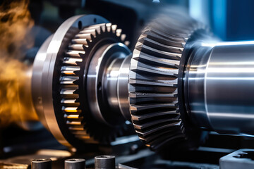 With sparks flying and industrial machinery in the background, a close-up shot of precisely engineered speed reducer gears in motion.