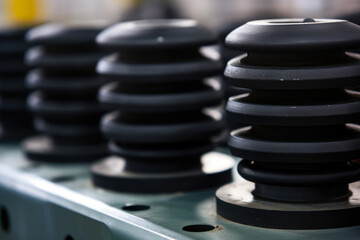 In a mechanical assembly with a blurred industrial background, a close-up of rubber vibration isolators is shown.