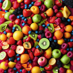 fresh fruit salad on wooden background. Top view.
