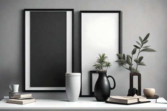 Vertical black picture poster frame mock up. Cup of coffee, books, vase and notebook on white table. Gray wall background. Side view. 3d illustration