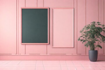 Blank blackboard with frame, room interior, pink pale tiled floor. Pastel colors architecture interior template, copy space. 3d illustration