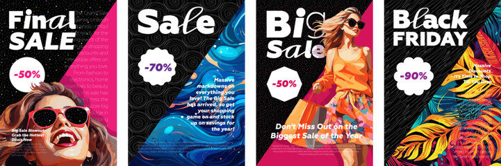 Sale and discount poster set. Collage beautiful woman on bright background. Black Friday promo abstract placard with advertising text. Creative pattern and typography print. Vector eps art flyer