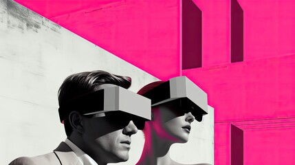 This captivating image of a man and woman adorned in futuristic virtual reality glasses highlights the merging of art, fashion, and technology