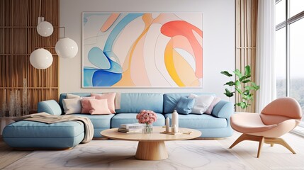 The cozy living room with its furniture pieces arranged around the vibrant painting and decorative cushions, creates a calming yet lively atmosphere that invites one to relax and enjoy the homey desi