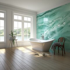 Fototapeta na wymiar A sunlit bathroom with a crisp white tub, plush chair, and inviting wooden flooring creates a peaceful, cozy atmosphere perfect for relaxation