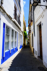 Fototapeta na wymiar Narrow Street View in Cordoba, Spain with Silhouetted Person