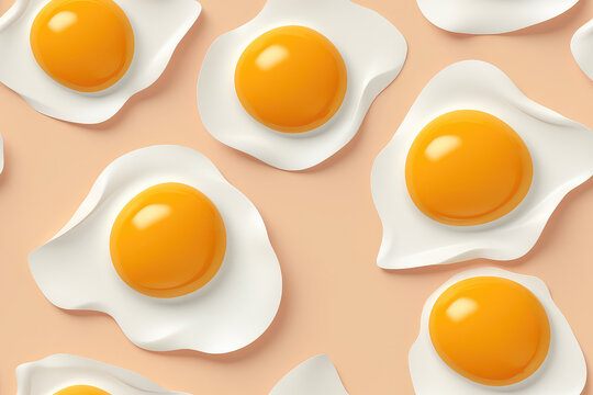 Fried eggs on orange pastel background seamless pattern, top view creative tile ornament, fried egg repeat texture for wrapping paper or textile print. 3d render cartoon illustration style.