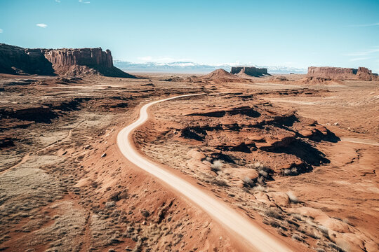 drone photo of an open desert road in the American Southwest, similar to Arizona Utah and Nevada ranges.