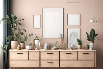 Single poster frame on an interior room dresser with decorative accessories on it