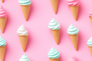 Ice cream on pink background seamless pattern, sweet creamy ice creams ornament, waffle cones with cream swirl repeat texture for wrapping paper or textile print. 3d render cartoon illustration style.