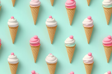 Ice cream on blue background seamless pattern, sweet creamy ice creams ornament, waffle cones with cream swirl repeat texture for wrapping paper or textile print. 3d render cartoon illustration style.