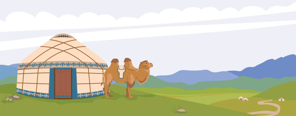 Mongolian landscape. A yurt against the background of mountains, a domestic camel next to the traditional dwelling of nomads. Green pastures, vector illustration for travel poster. - obrazy, fototapety, plakaty