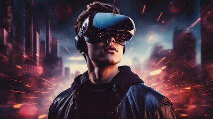 young kid with vr glasses in a dynamic futuristic world