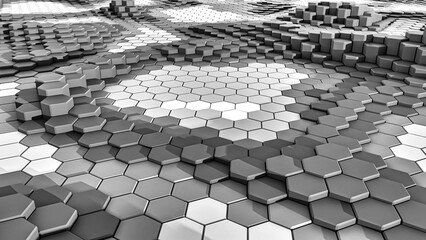 Black and  white abstract hexagon pattern with textured backgrounds. Full frame, no people.