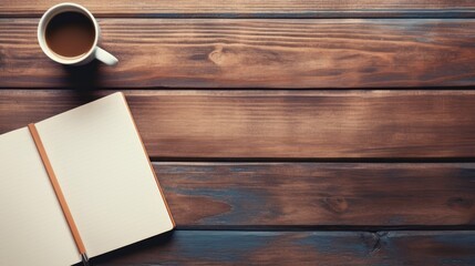 Office supplies with coffee and notebook on wood table copy space, Generative AI