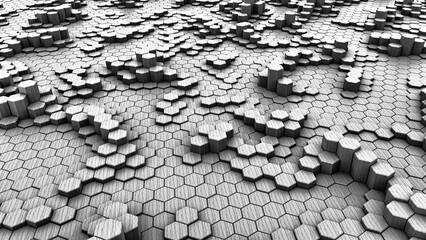 Black and  white abstract hexagon pattern with textured backgrounds. Full frame, no people.