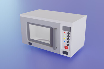 Modern microwave oven with closed door and lit lamp inside. Kitchen electric appliance for cooking food. 3d empty white microwave oven with display, buttons and glass plate.