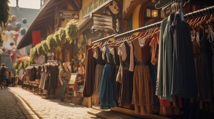 Traditional German attire, lederhosen and dirndl, on display in a marketplace. Generative AI