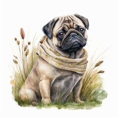 Watercolor cute pug dog in flowers Generative AI