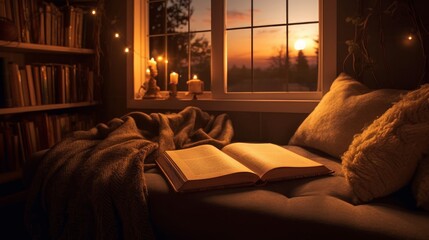 An open book on a cozy reading nook. AI generated