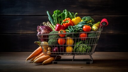 A shopping cart filled with fresh produce, showcasing a typical grocery run. AI generated