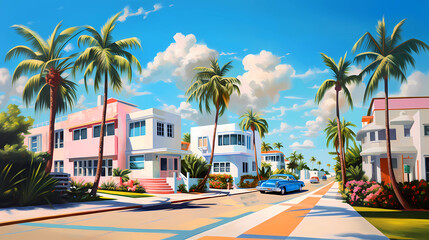 Illustration of a sunny day in an American resort town - obrazy, fototapety, plakaty