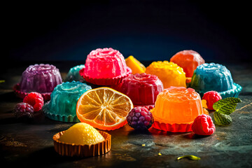 Picture of assorted colorful jelly tarts or puddings on the table. Marmalade, jelly sweets