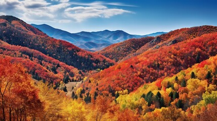  a scenic view of a mountain range with colorful autumn trees.  generative ai