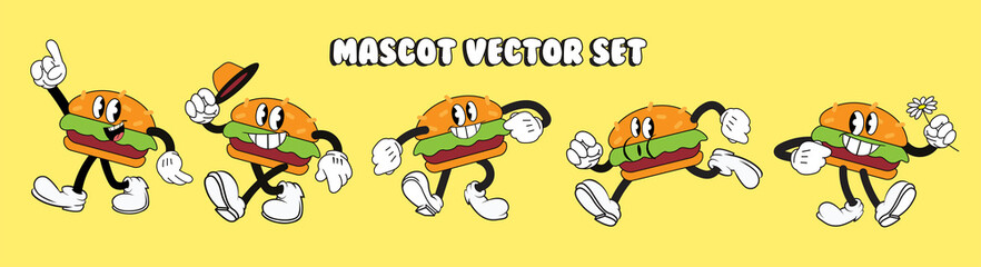 Vintage cartoon cheeseburger mascot, set in different poses, fast food retro logo