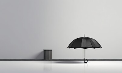  a black umbrella sitting on top of a floor next to a trash can.  generative ai