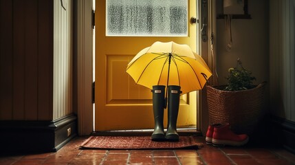 An umbrella and rain boots by the door. AI generated - obrazy, fototapety, plakaty