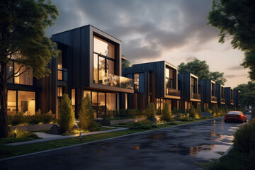 Townhouses facade with illuminated windows in dusk. Modern residential houses in luxury neighborhood
