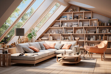 Obraz na płótnie Canvas modern living room interior design and sofa with wooden wall,AI generative 
