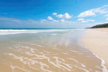 Fototapeta na wymiar Tropical summer beach with golden sand, turquoise ocean and blue sky. Generative AI