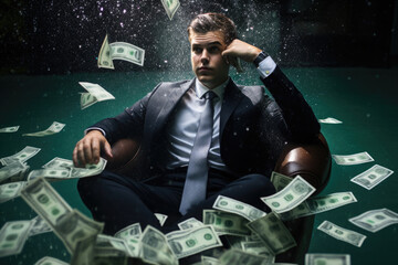 Businessman wearing suit drowning underwater with dollar banknotes. Bossy man diving in swimming pool. Concept of bankruptcy and problems in business.