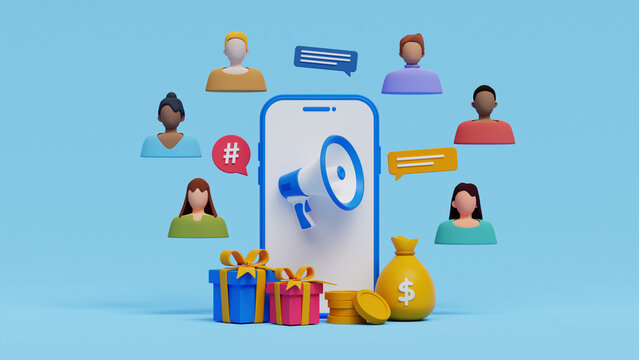 Referral system, receive bonuses together with friends. Cool discounts. Referral marketing program. Friends sharing service. Rewards. 3d illustration