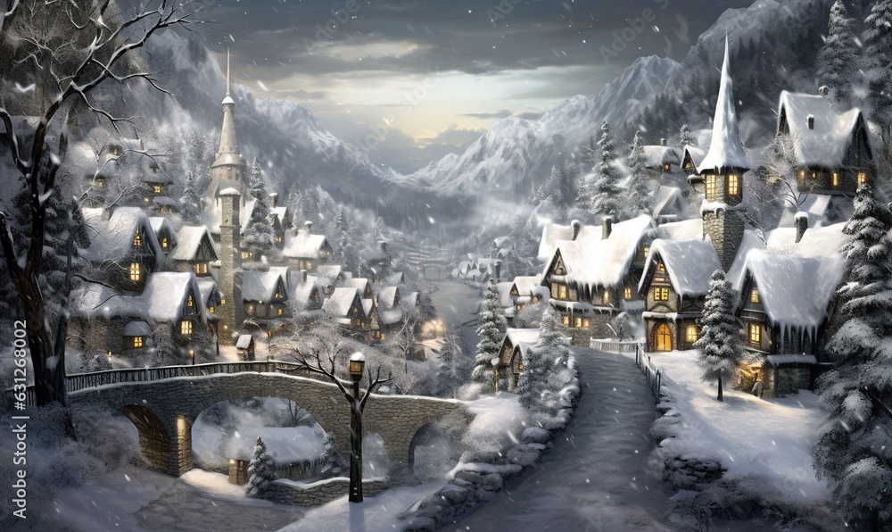 Poster a painting of a snowy village with a bridge and mountains in the background. generative ai