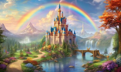  a painting of a castle with a rainbow in the background.  generative ai