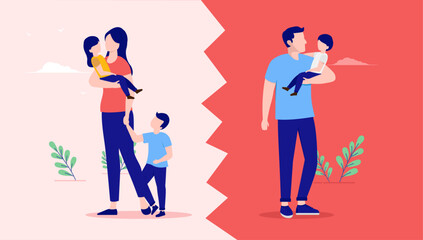 Divorced with children - Vector illustration of parents going trough difficult divorce with kids and having shared custody. Flat design