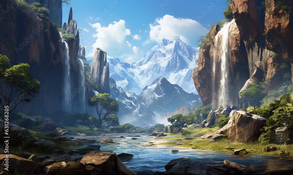 Poster  a painting of a waterfall in a mountain valley with a stream running through it.  generative ai