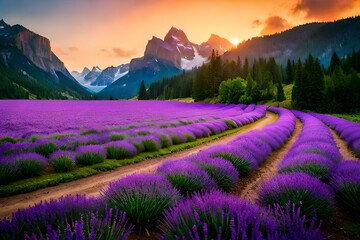 Fototapeta na wymiar sunrise in the mountains of lavender by Generated with AI technology