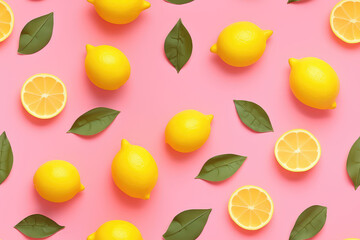 Lemons with slices on green background seamless pattern, lemon tile ornament, citrus repeat texture for wrapping paper or textile print. 3d render cartoon illustration style.
