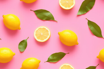 Lemons with slices on green background seamless pattern, lemon tile ornament, citrus repeat texture for wrapping paper or textile print. 3d render cartoon illustration style.