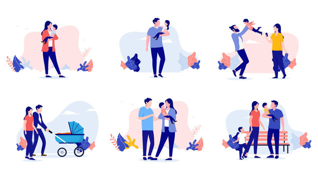 Parenting vector collection - Set of illustrations with parents taking care and playing with children, parenthood and child care concept, flat design on white background