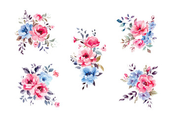 Watercolor navy blue and pink flowers set, vintage vector flowers collection.