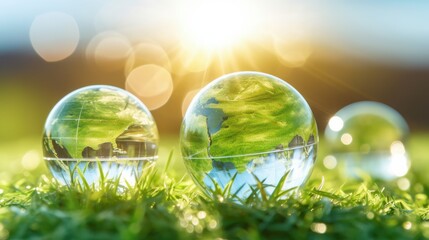 Transparent crystal spheres filled with sunlight on green grass. Glass globes with outlines of continents, symbolizing Earth. Protection of water resources concept. Environmental care. 3D rendering. - obrazy, fototapety, plakaty