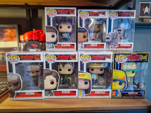 Tallinn, Estonia - July 11, 2023: Funko POP stranger things popular movie character toys on a shelf. Funko Inc is American company that manufactures licensed and limited pop culture collectibles.