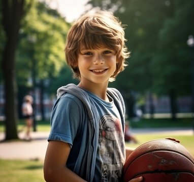 Portrait Of A Happy Boy With A Basketball Ball. Childhood. Sport. Hobby.