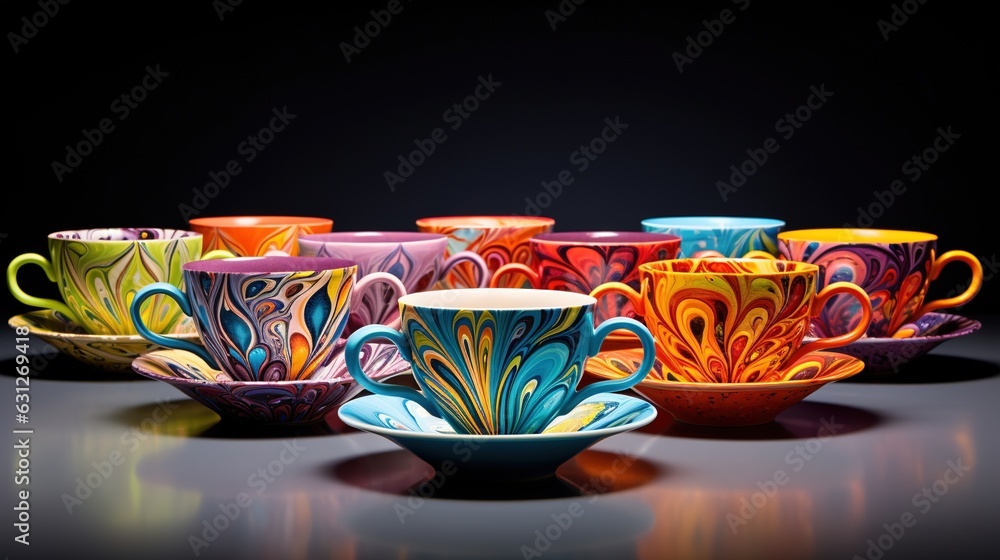 Poster a group of colorful cups sitting on top of a table. generative ai